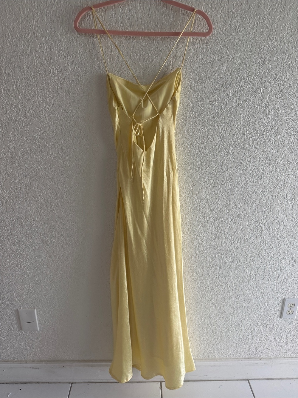 Hello Molly Pastel Yellow Satin Slip Dress with Crisscross Back